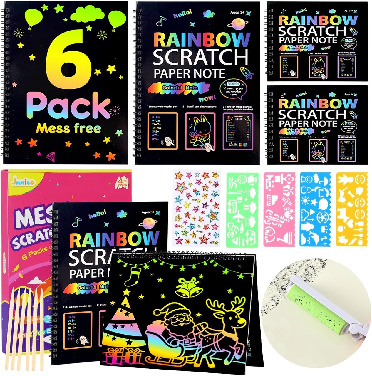 JMMICO Rainbow Scratch Notebook, Scratch Art for Kids with Reusable Cleaner Tool, Holiday Crafts for Kids, Art Supplies, Christmas Gifts for 4-9 Year Old Kids